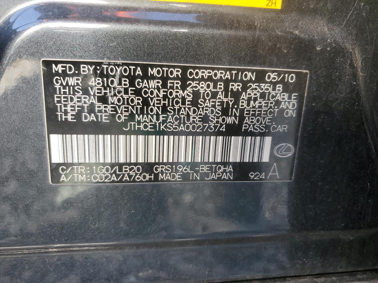 2010 Lexus Gs 350 VIN: JTHCE1KS5A0027374 Lot: 90503205