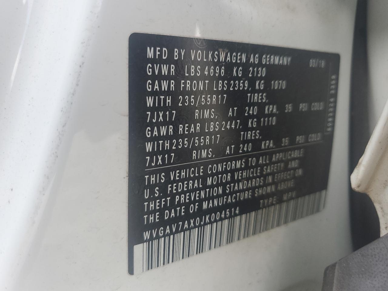 2018 Volkswagen Tiguan Limited VIN: WVGAV7AX0JK004514 Lot: 85355485