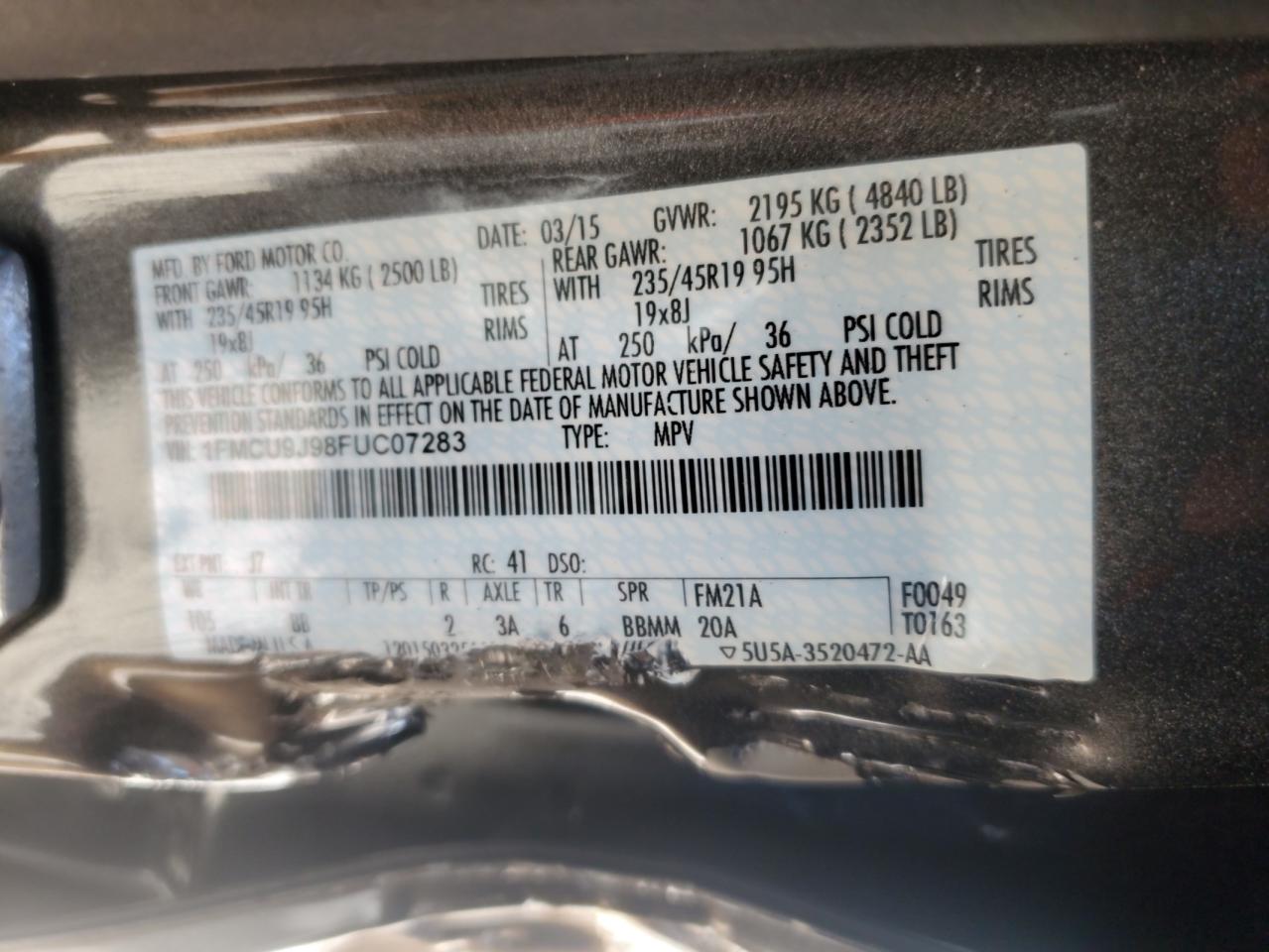 2015 Ford Escape Titanium VIN: 1FMCU9J98FUC07283 Lot: 90385465