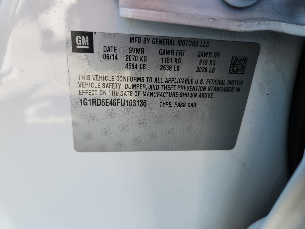 2015 Chevrolet Volt VIN: 1G1RD6E46FU103136 Lot: 84834685