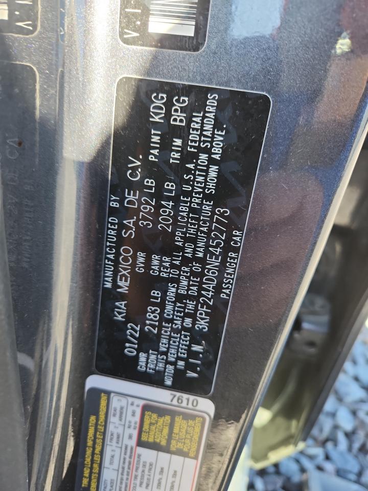2022 Kia Forte Fe VIN: 3KPF24AD6NE452773 Lot: 82556855