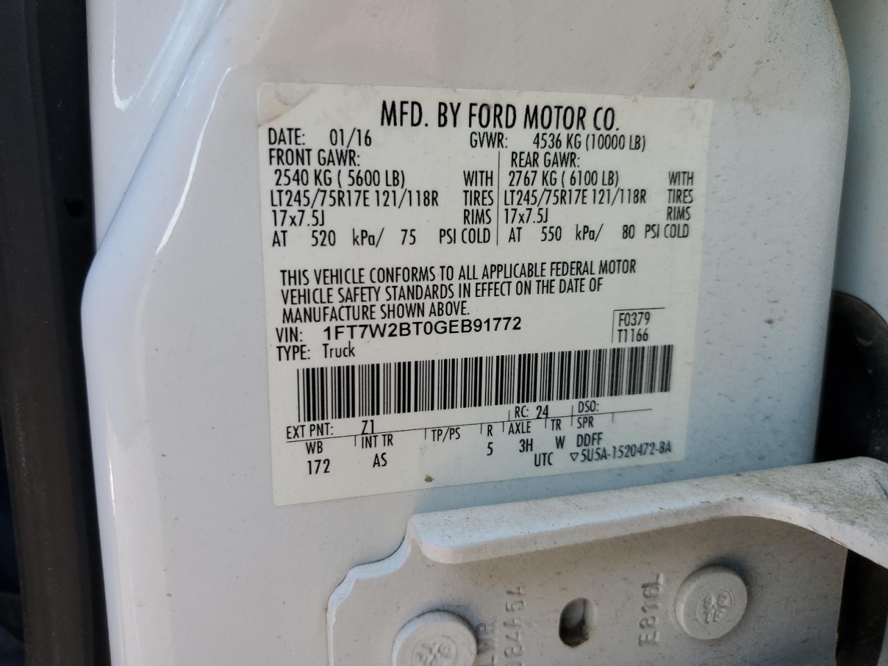 2016 Ford F250 Super Duty VIN: 1FT7W2BT0GEB91772 Lot: 87002475