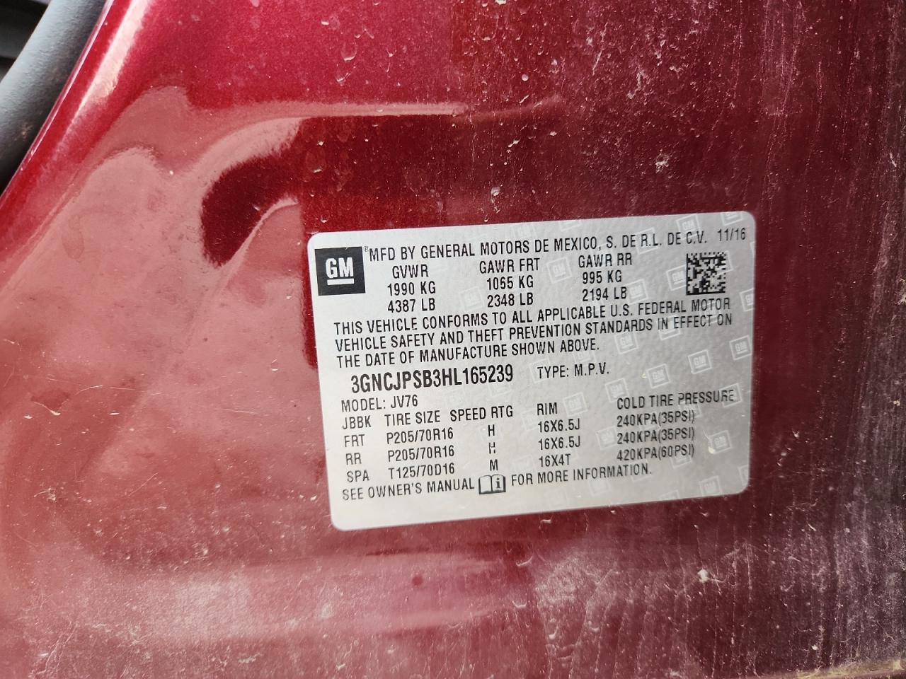 2017 Chevrolet Trax 1Lt VIN: 3GNCJPSB3HL165239 Lot: 84980165