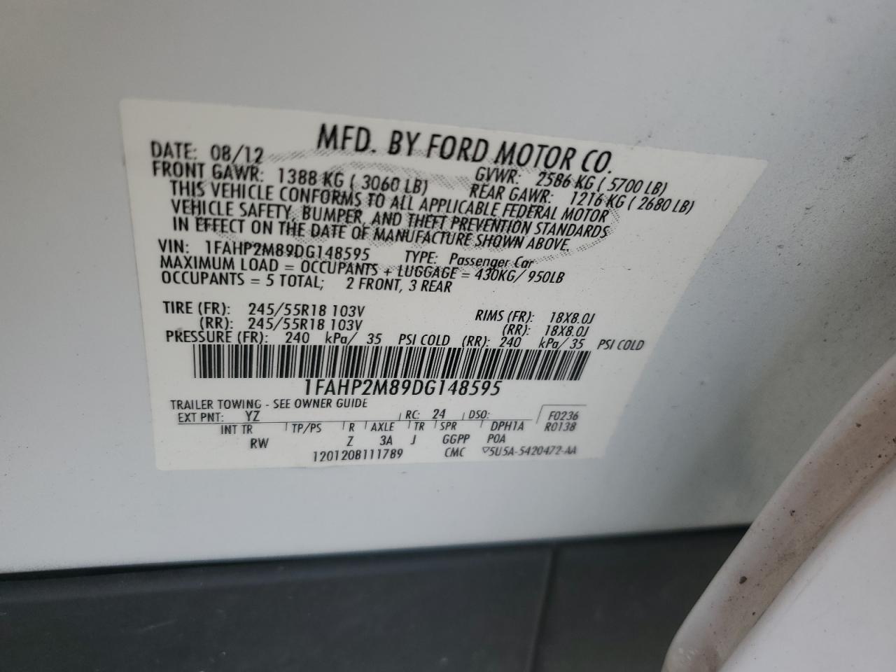 2013 Ford Taurus Police Interceptor VIN: 1FAHP2M89DG148595 Lot: 85473765