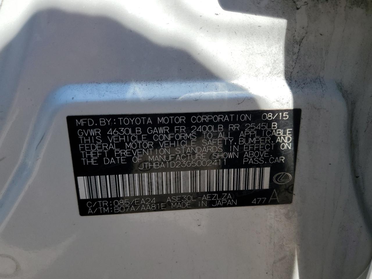 2016 Lexus Is 200T VIN: JTHBA1D23G5002411 Lot: 86187615