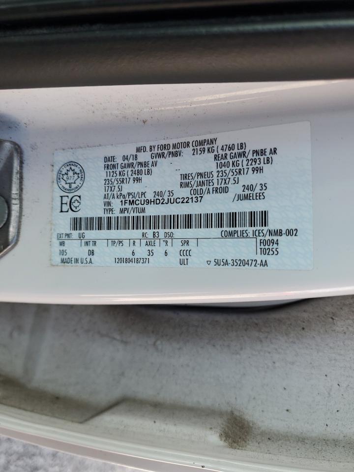 2018 Ford Escape Sel VIN: 1FMCU9HD2JUC22137 Lot: 84619665