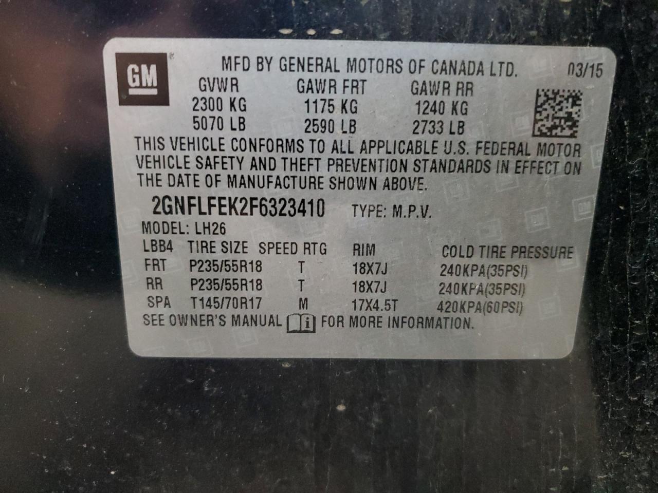 2015 Chevrolet Equinox Lt VIN: 2GNFLFEK2F6323410 Lot: 85851725