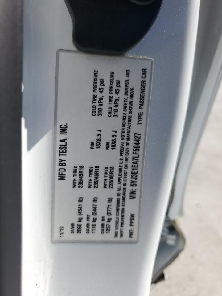 2020 Tesla Model 3 VIN: 5YJ3E1EA7LF504427 Lot: 89509415