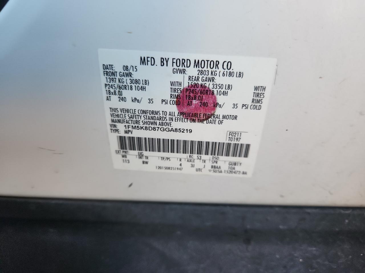 2016 Ford Explorer Xlt VIN: 1FM5K8D87GGA85219 Lot: 86080985