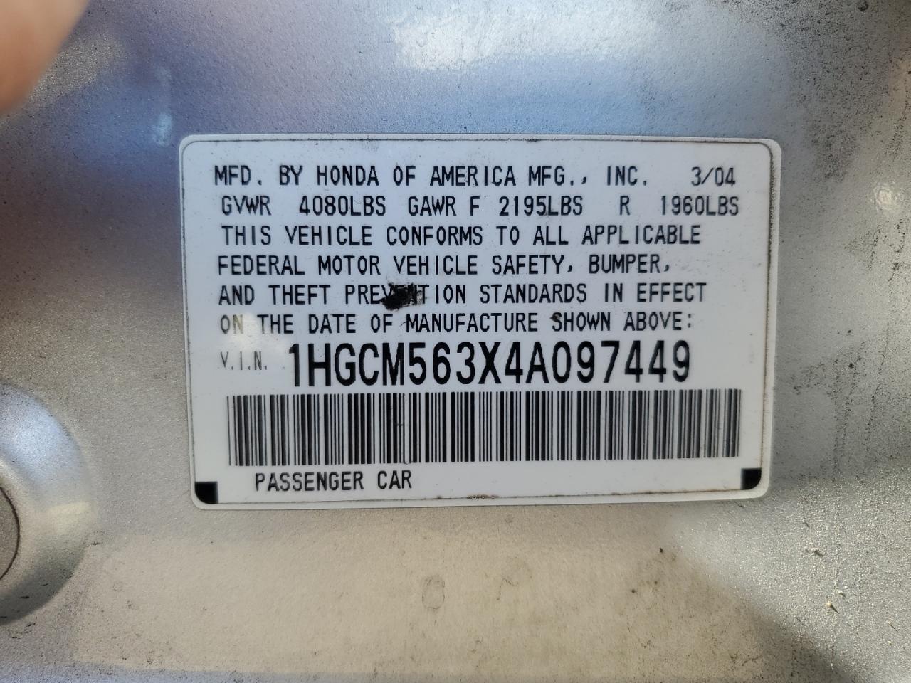 2004 Honda Accord Lx VIN: 1HGCM563X4A097449 Lot: 85146715