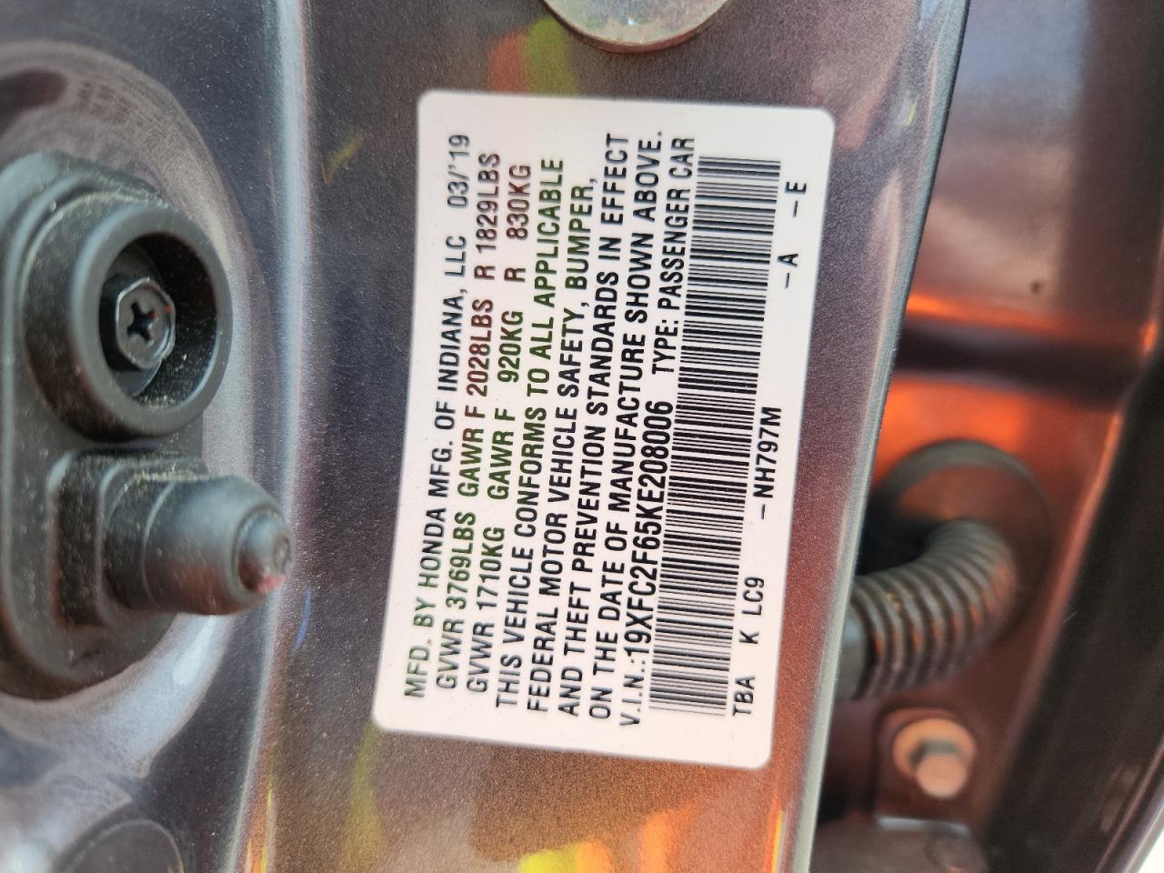 2019 Honda Civic Lx VIN: 19XFC2F65KE208006 Lot: 85169535