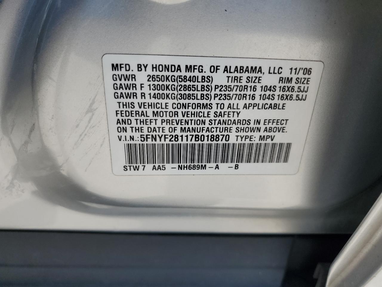 2007 Honda Pilot Lx VIN: 5FNYF28117B018870 Lot: 84953505