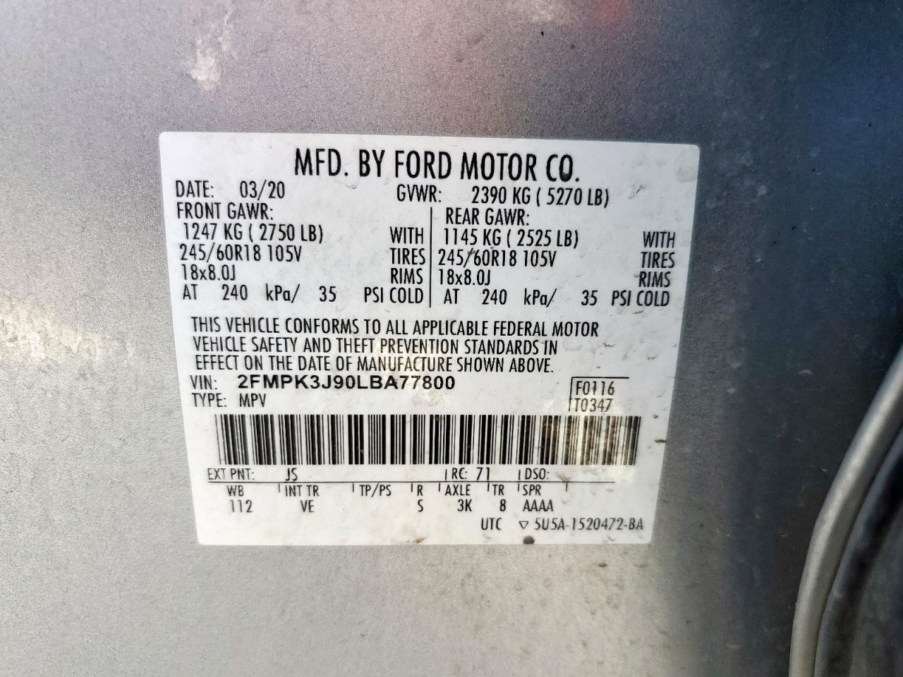 2020 Ford Edge Sel VIN: 2FMPK3J90LBA77800 Lot: 84657425