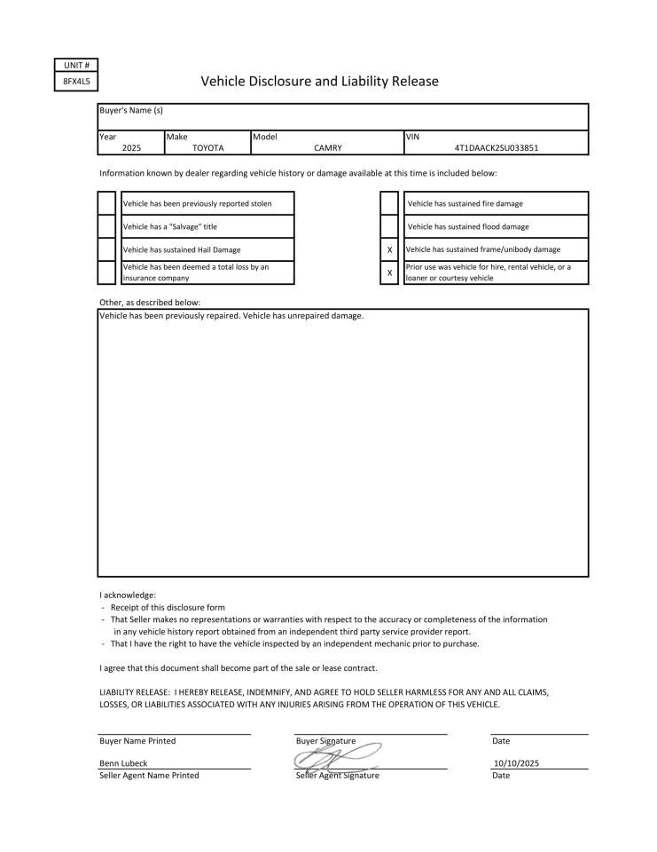 2025 Toyota Camry Xse VIN: 4T1DAACK2SU033851 Lot: 86090685