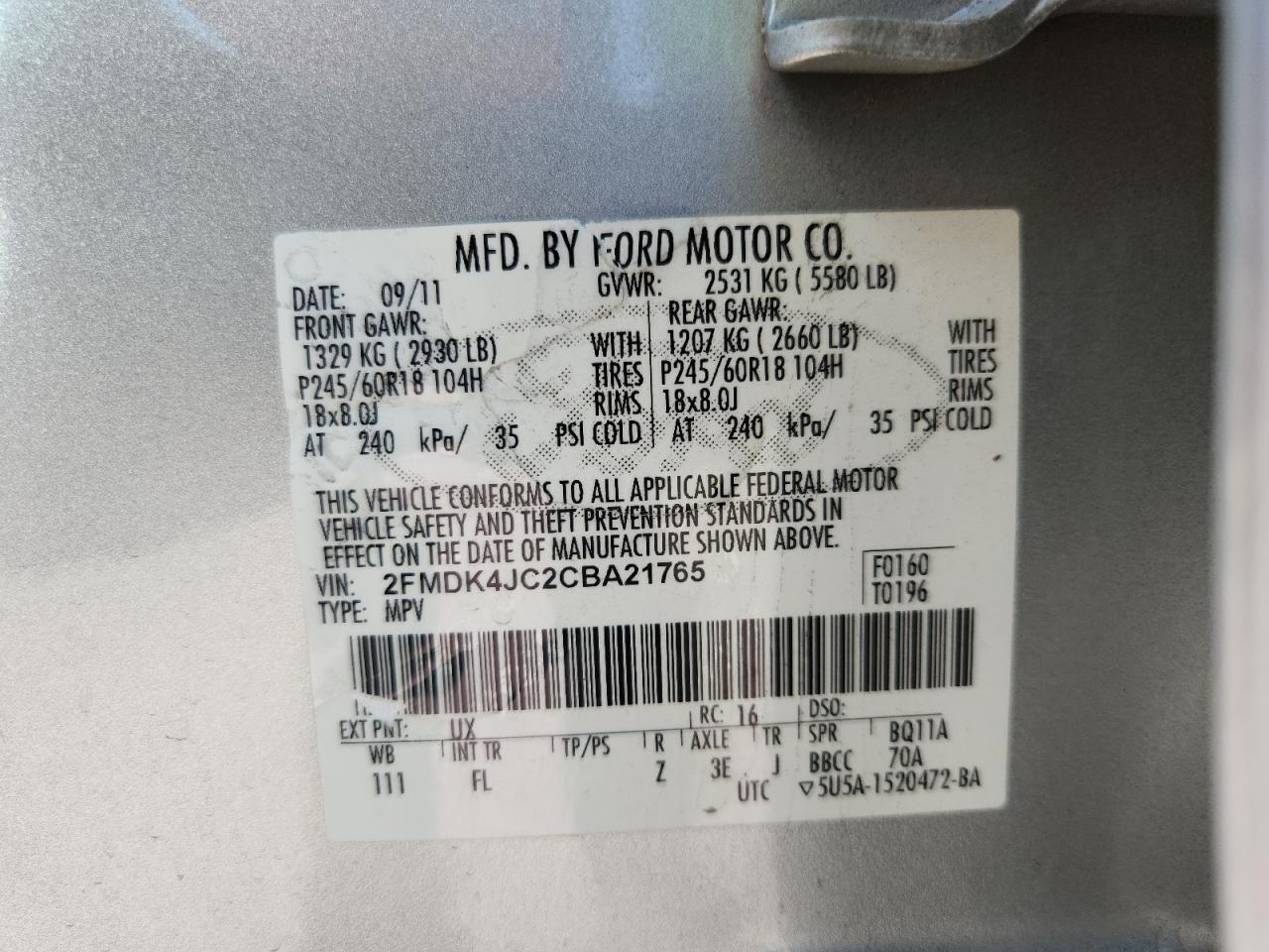 2012 Ford Edge Sel VIN: 2FMDK4JC2CBA21765 Lot: 84917665
