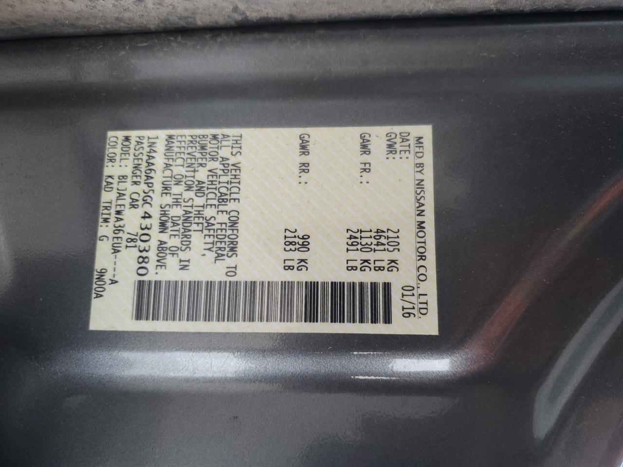 2016 Nissan Maxima 3.5S VIN: 1N4AA6AP5GC430380 Lot: 82700885