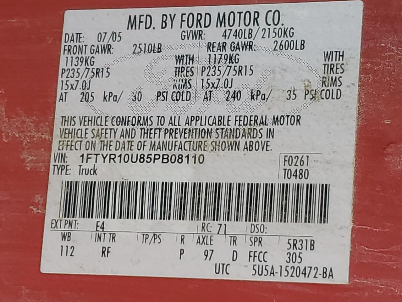 2005 Ford Ranger VIN: 1FTYR10U85PB08110 Lot: 84791335