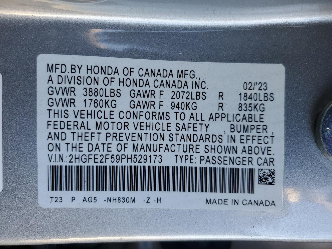 2023 Honda Civic Sport VIN: 2HGFE2F59PH529173 Lot: 86183665