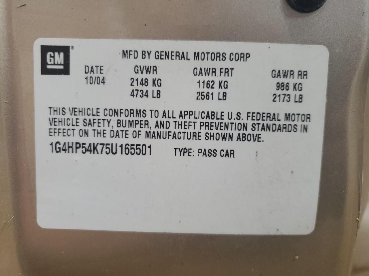 2005 Buick Lesabre Custom VIN: 1G4HP54K75U165501 Lot: 85059565