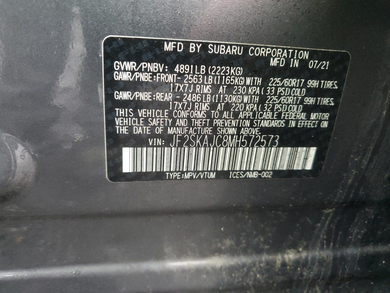 2021 Subaru Forester Premium VIN: JF2SKAJC8MH572573 Lot: 82429895