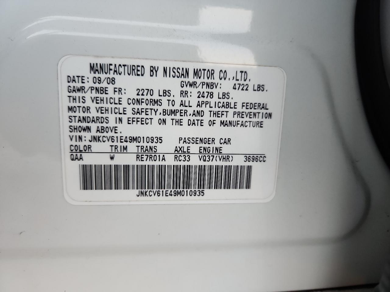 2009 Infiniti G37 Base VIN: JNKCV61E49M010935 Lot: 87021115