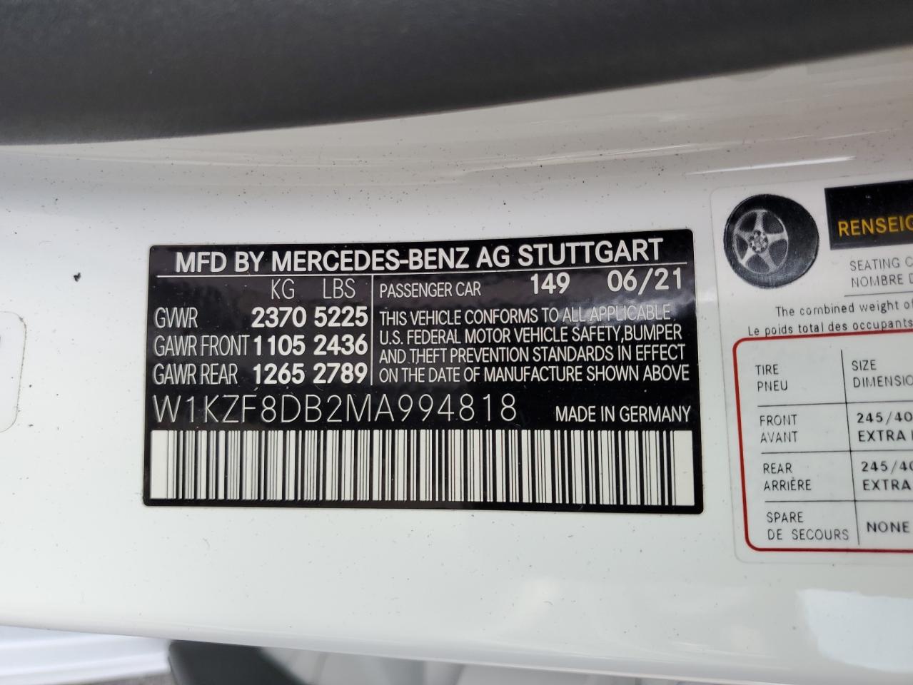 2021 Mercedes-Benz E 350 VIN: W1KZF8DB2MA994818 Lot: 85006375