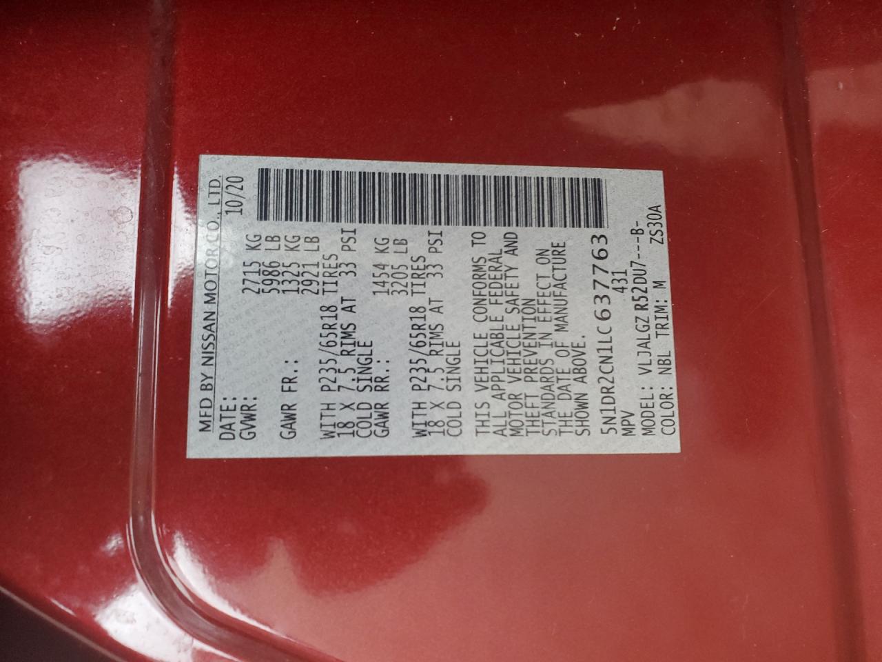 2020 Nissan Pathfinder Sl VIN: 5N1DR2CN1LC637763 Lot: 82178145