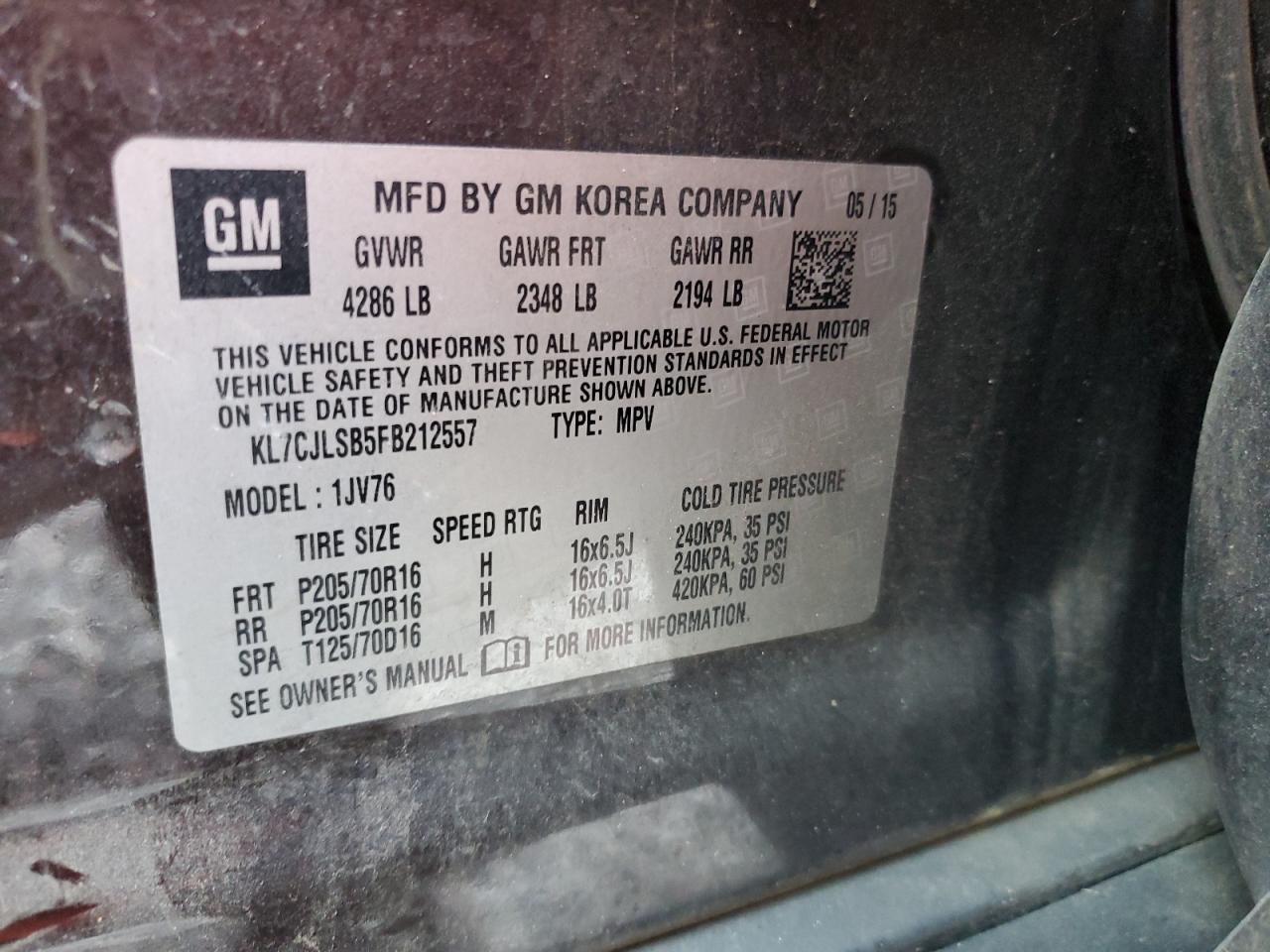 2015 Chevrolet Trax 1Lt VIN: KL7CJLSB5FB212557 Lot: 86285925