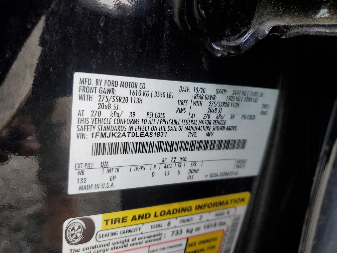 2020 Ford Expedition Max Limited VIN: 1FMJK2AT9LEA81831 Lot: 85255875