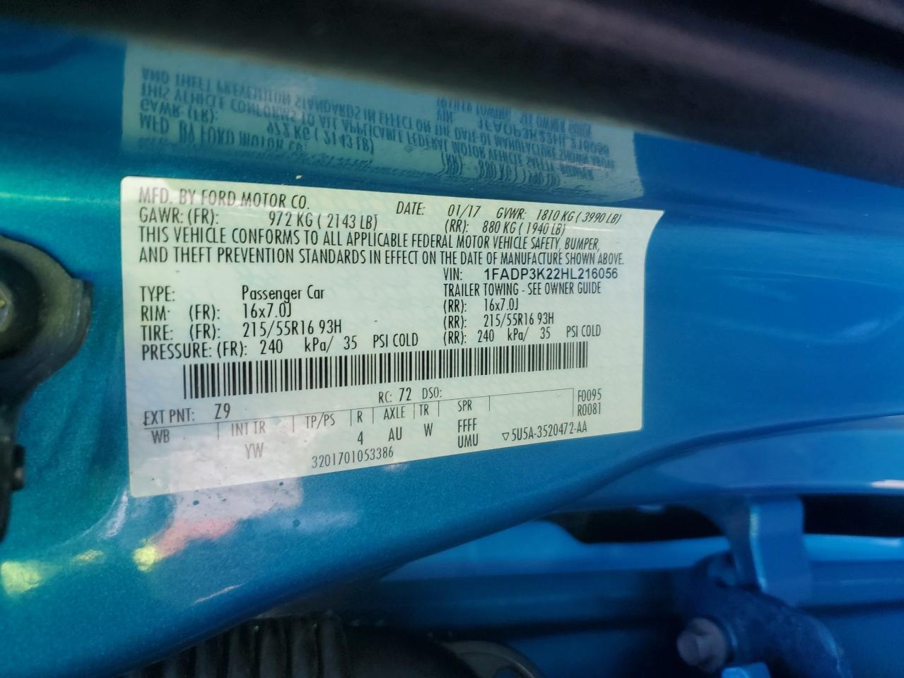 2017 Ford Focus Se VIN: 1FADP3K22HL216056 Lot: 87283925