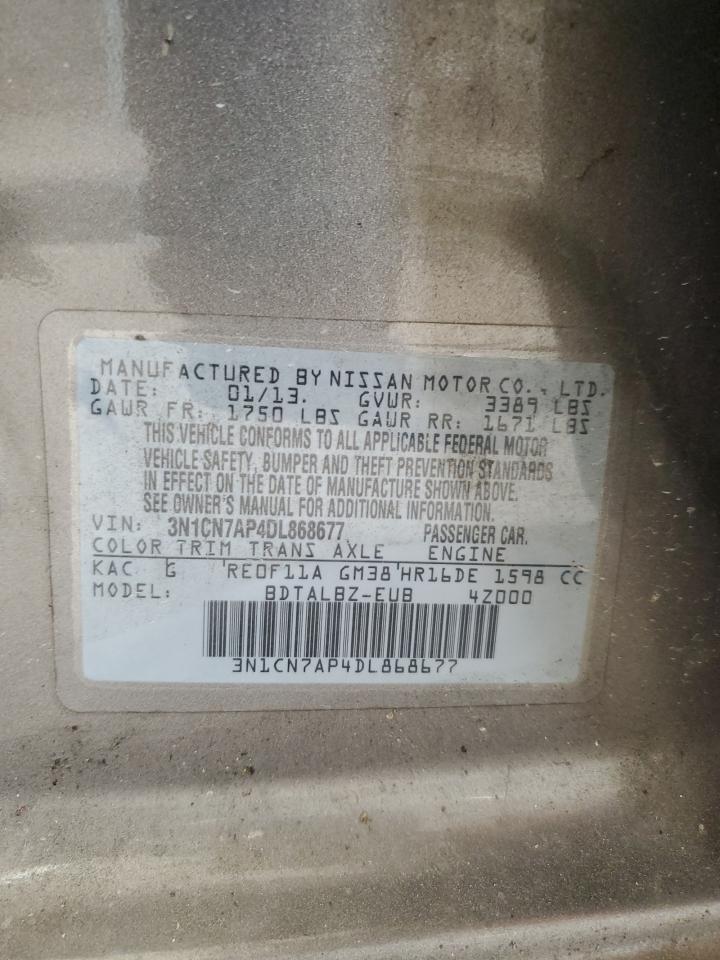 2013 Nissan Versa S VIN: 3N1CN7AP4DL868677 Lot: 85738475