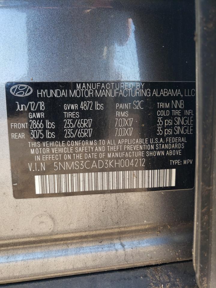 2019 Hyundai Santa Fe Sel VIN: 5NMS3CAD3KH004212 Lot: 82783885