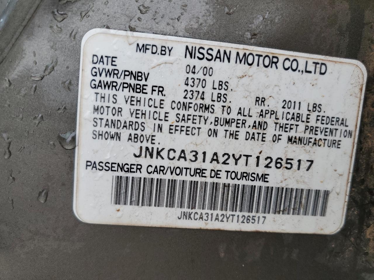 2000 Infiniti I30 VIN: JNKCA31A2YT126517 Lot: 85499545
