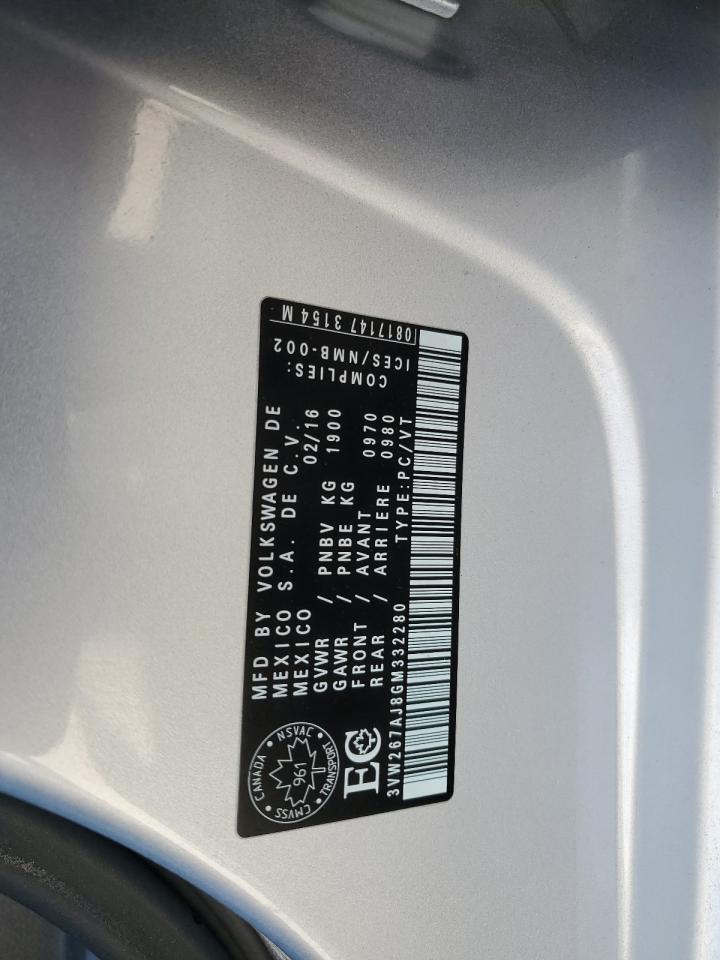 2016 Volkswagen Jetta S VIN: 3VW267AJ8GM332280 Lot: 85372735