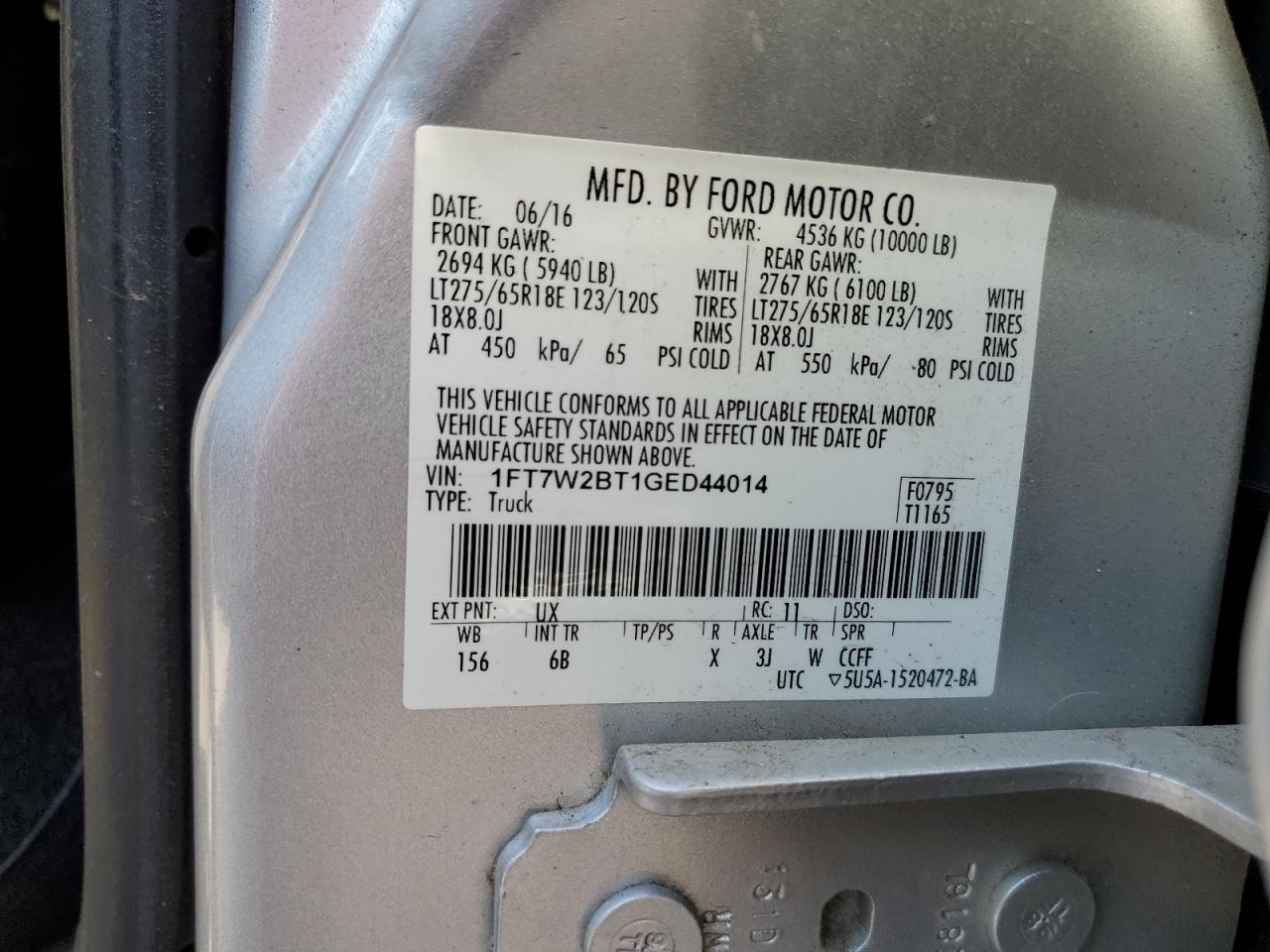 2016 Ford F250 Super Duty VIN: 1FT7W2BT1GED44014 Lot: 84857845