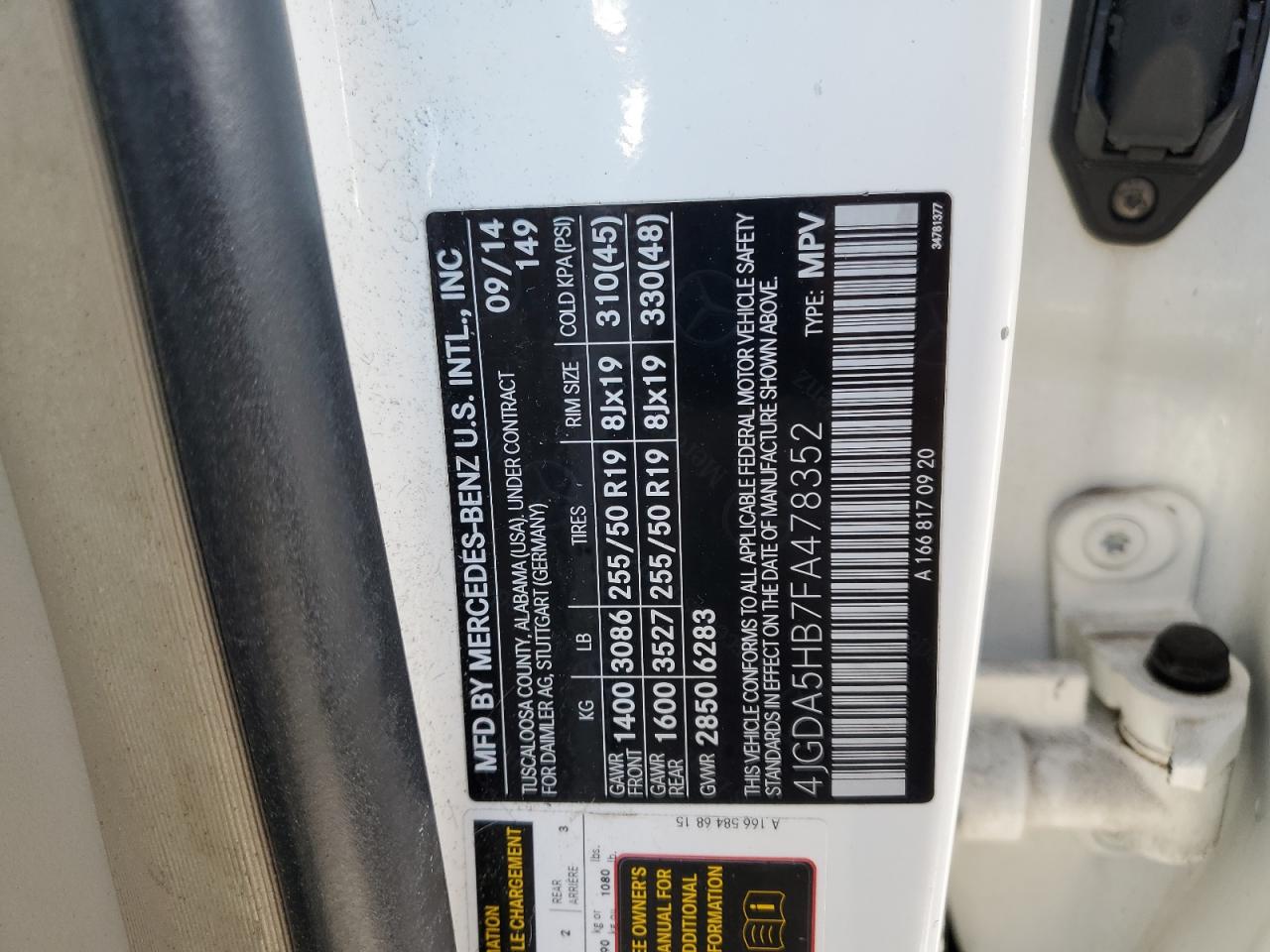 2015 Mercedes-Benz Ml 350 4Matic VIN: 4JGDA5HB7FA478352 Lot: 86505625