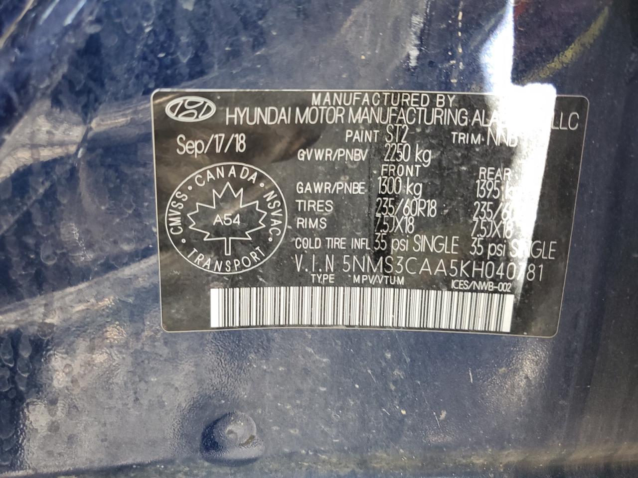 2019 Hyundai Santa Fe Sel VIN: 5NMS3CAA5KH040781 Lot: 85177615