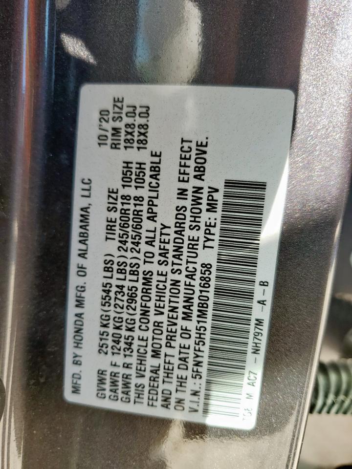 2021 Honda Pilot Exl VIN: 5FNYF5H51MB016858 Lot: 86283465