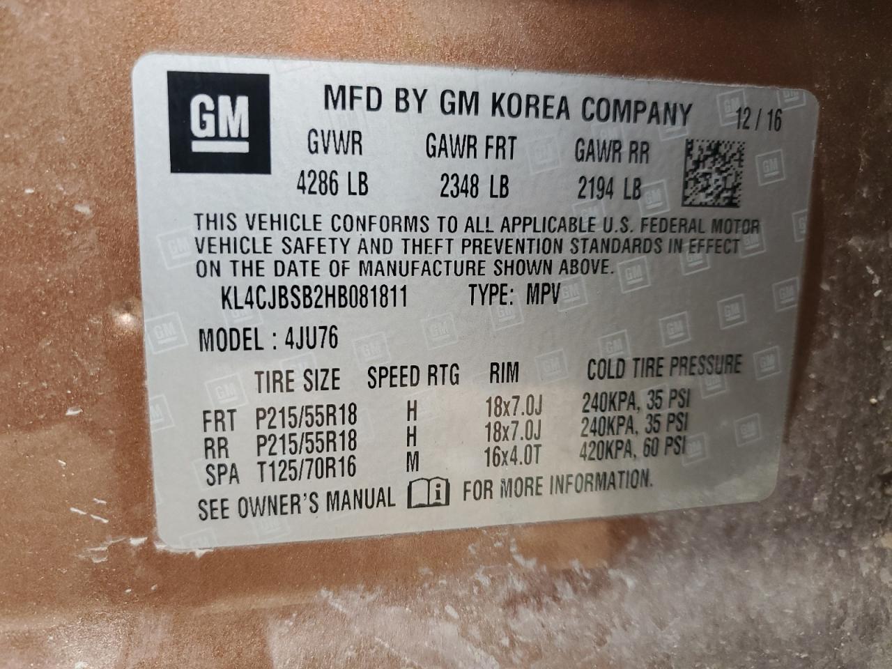 2017 Buick Encore Preferred Ii VIN: KL4CJBSB2HB081811 Lot: 87273895