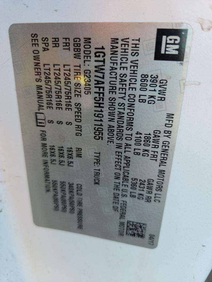 2017 GMC Savana G2500 VIN: 1GTW7AFF5H1911955 Lot: 85353775