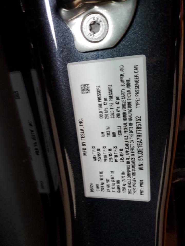 2024 Tesla Model 3 VIN: 5YJ3E1EA7RF785752 Lot: 87461925