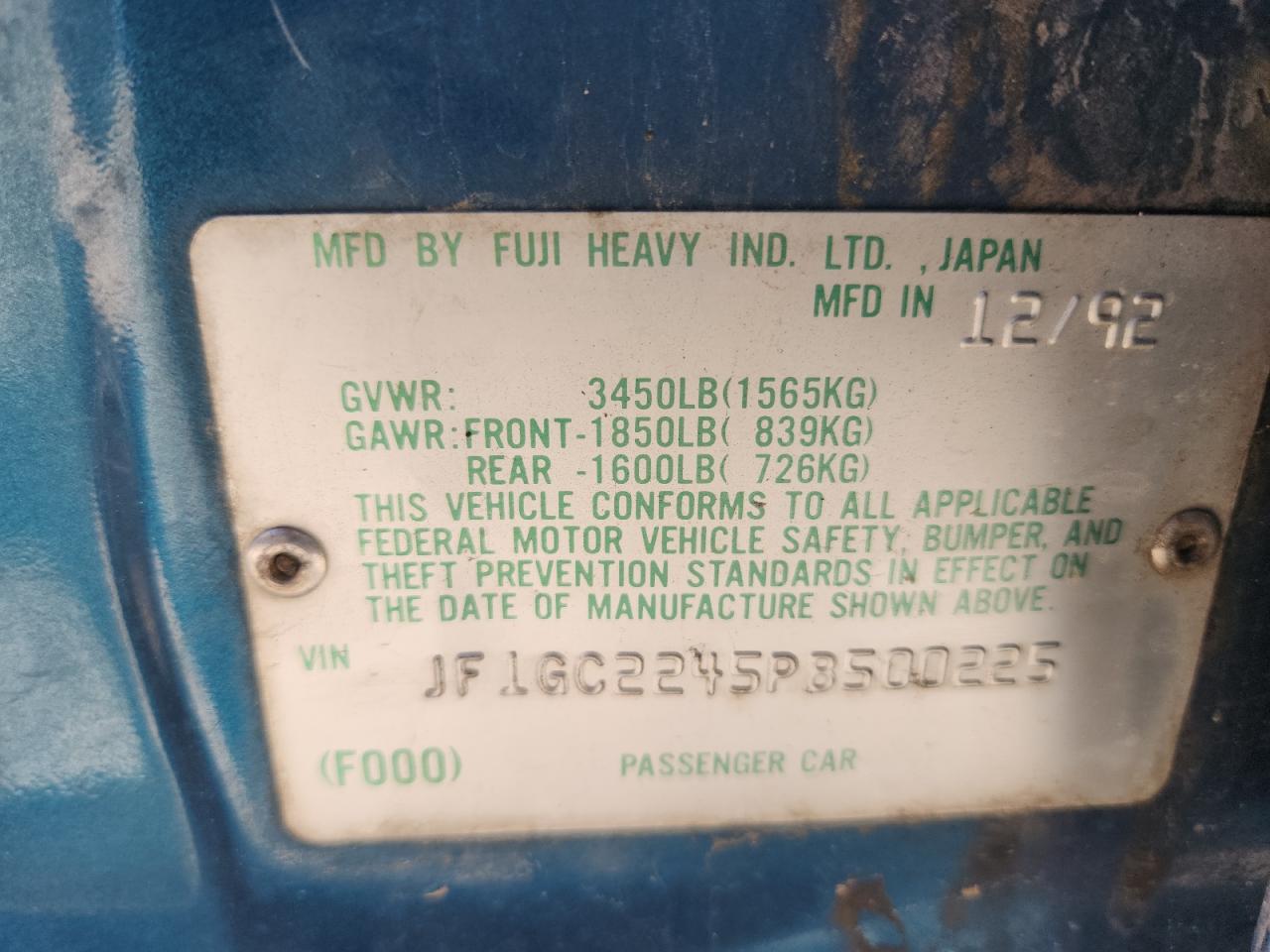 1993 Subaru Impreza L VIN: JF1GC2245PB500225 Lot: 90059745