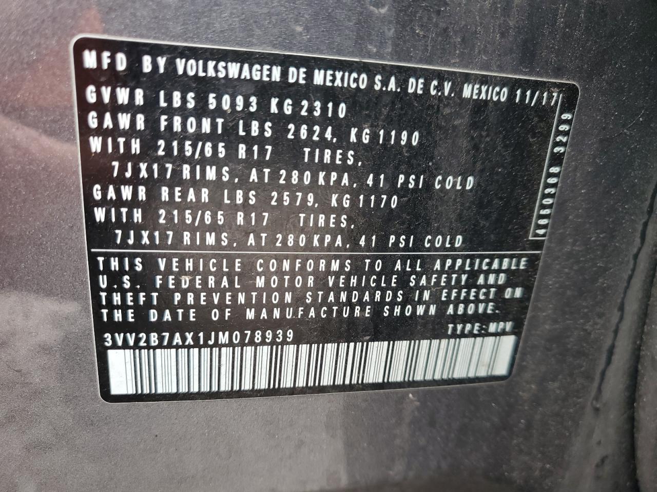 2018 Volkswagen Tiguan Se VIN: 3VV2B7AX1JM078939 Lot: 85348145