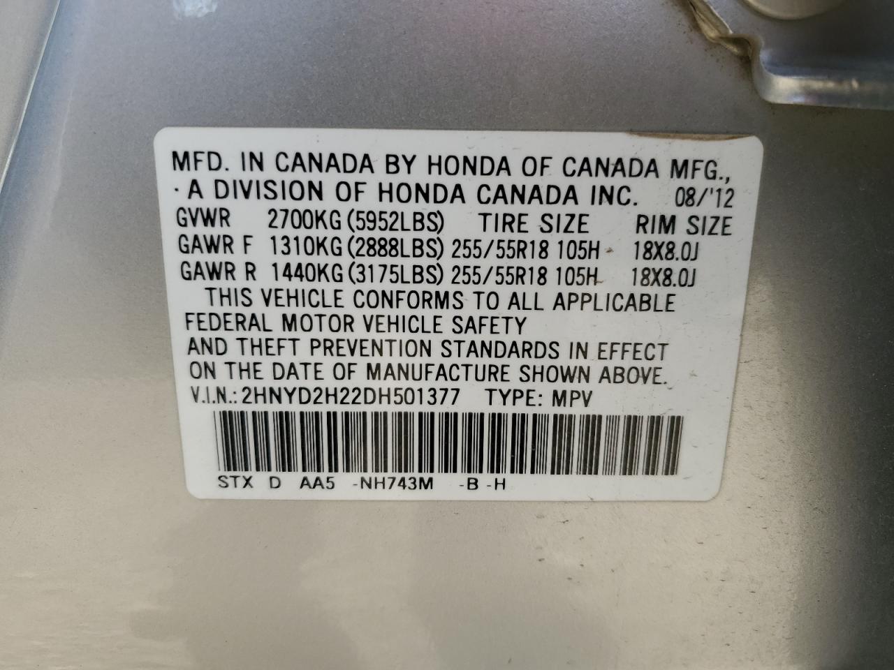 2013 Acura Mdx VIN: 2HNYD2H22DH501377 Lot: 82314845