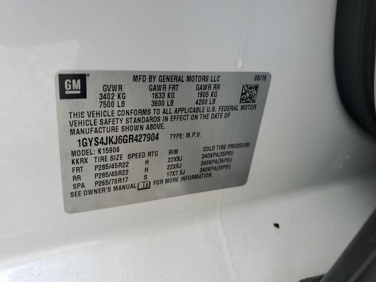 2016 Cadillac Escalade Esv Premium VIN: 1GYS4JKJ6GR427904 Lot: 90298685