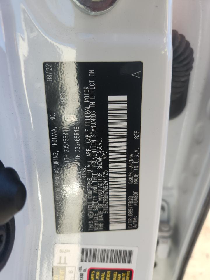 2022 Toyota Highlander L VIN: 5TDBZRBH7NS244125 Lot: 85120725