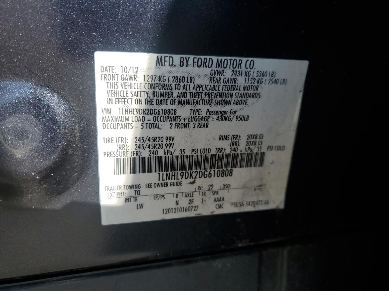 2013 Lincoln Mks VIN: 1LNHL9DK2DG610808 Lot: 85650335