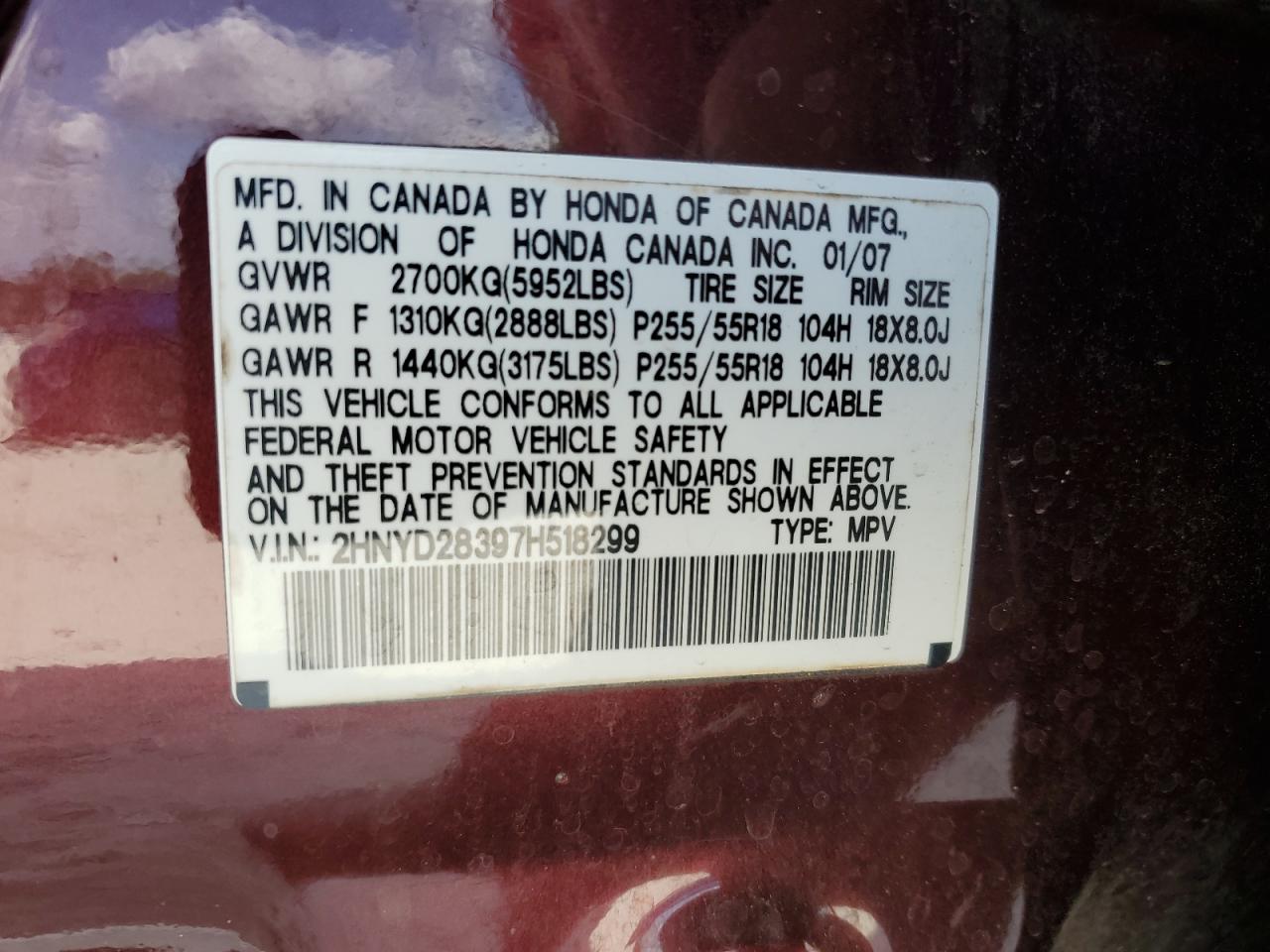 2007 Acura Mdx Technology VIN: 2HNYD28397H518299 Lot: 82466365