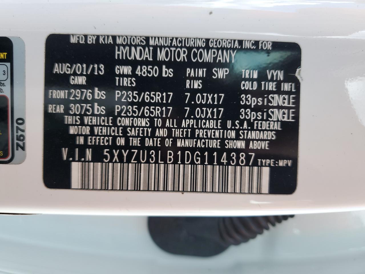 2013 Hyundai Santa Fe Sport VIN: 5XYZU3LB1DG114387 Lot: 85560795