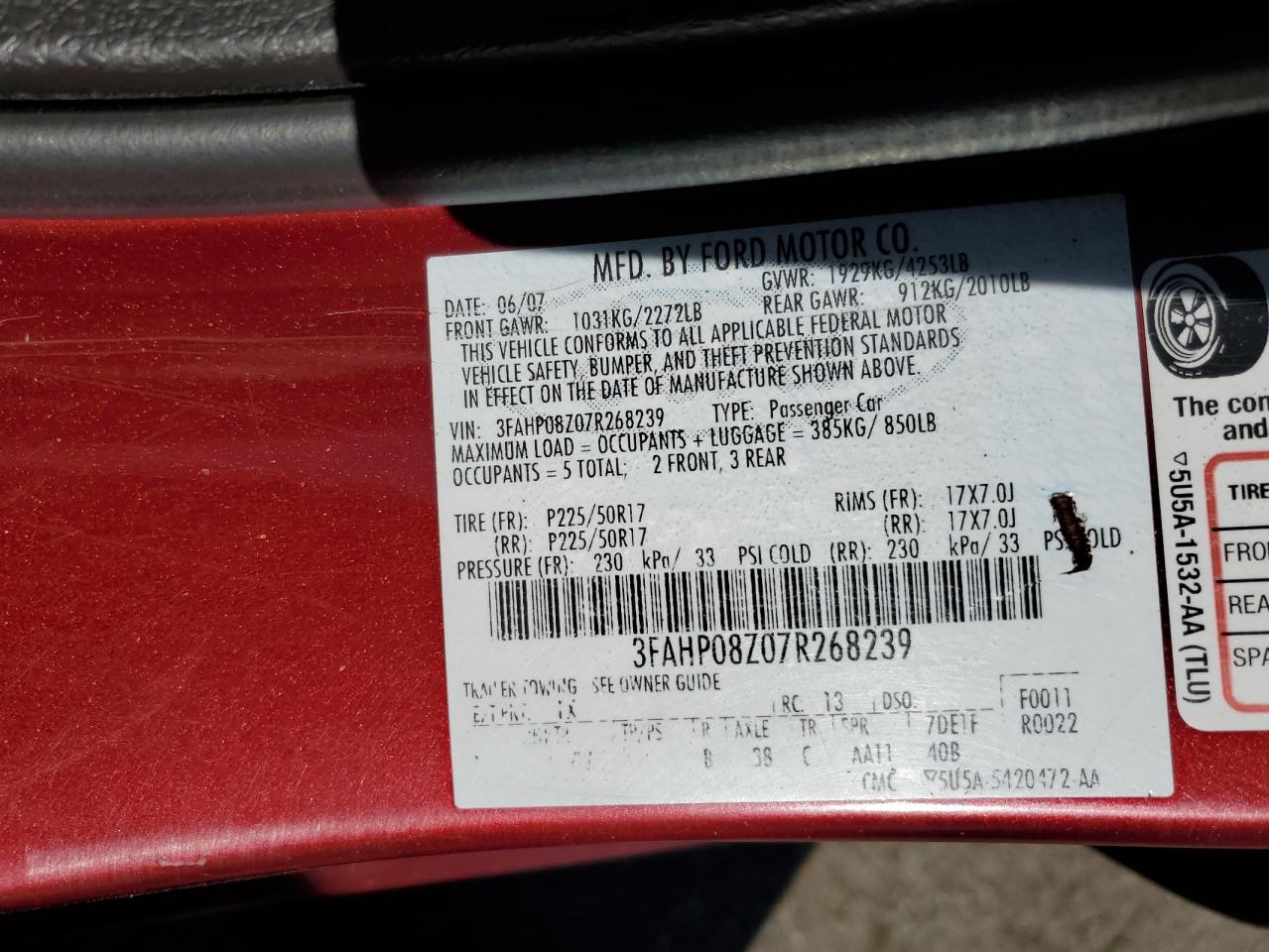 2007 Ford Fusion Sel VIN: 3FAHP08Z07R268239 Lot: 83803365